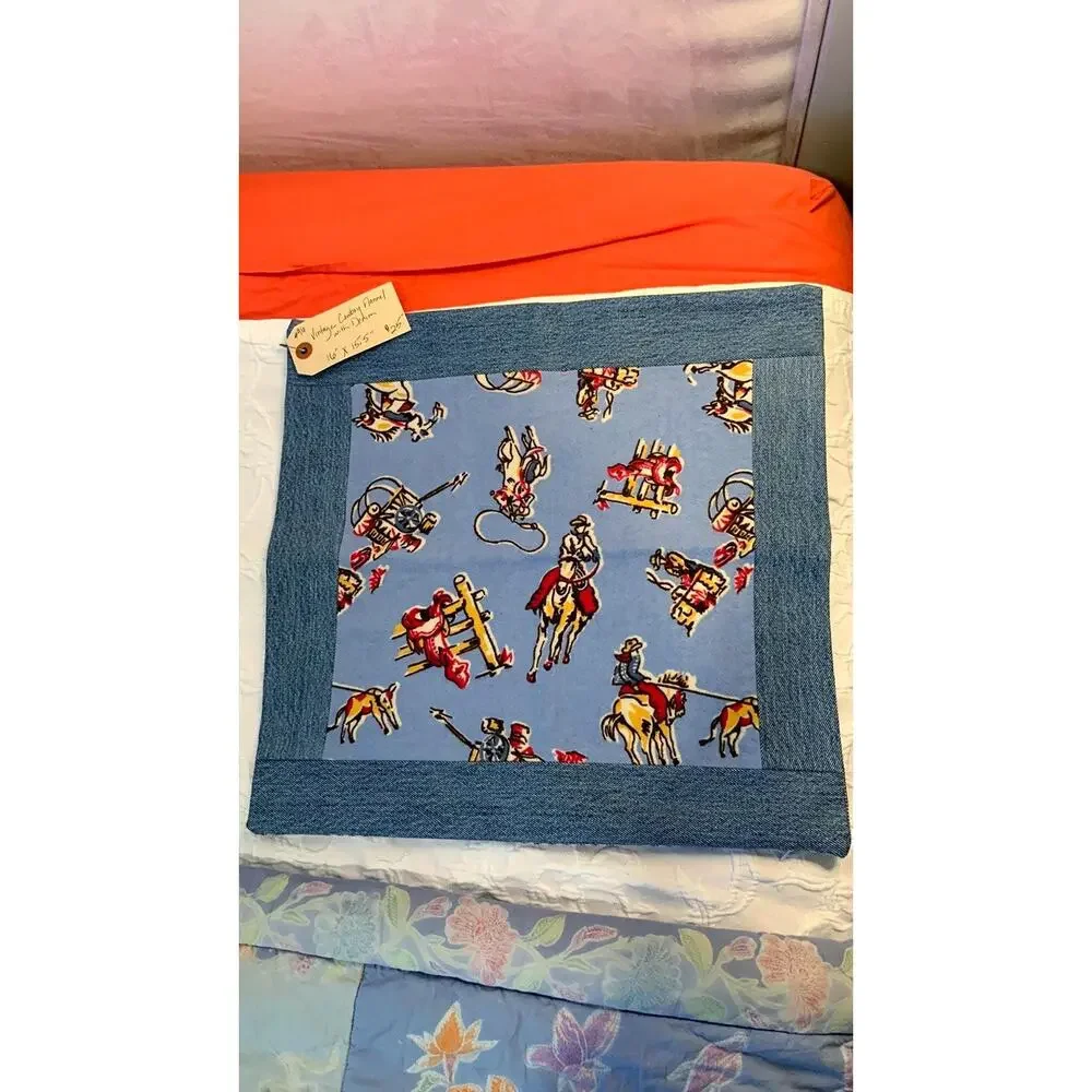 Handmade Cowboy Print Pillow Sham, Vintage Blue Flannel, Denim Trim (16